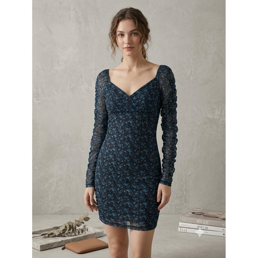 Hollister Women Blue Floral Mesh Ruched Sleeve Mini Dress XS 359-593-0384-907